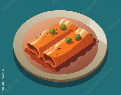 Traditional mexican enchilada plate with savory corn tortilla. Spicy chili sauce. And melted cheese vector illustration for gourmet dinner and lunch. Authentic mexican cuisine and cultural dish
