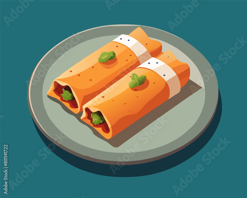 Traditional mexican enchilada plate with savory corn tortilla. Spicy chili sauce. And melted cheese vector illustration for gourmet dinner and lunch. Authentic mexican cuisine and cultural dish