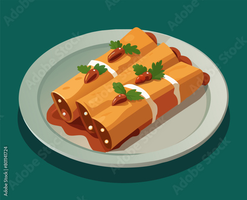 Delicious enchiladas on plate with authentic mexican cuisine illustration, garnished with sauce, herbs, and traditional spicy flavors, served in a vector graphic food illustration