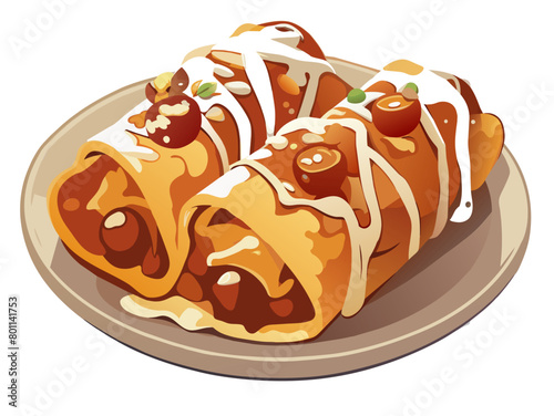 Illustration of delicious mexican enchiladas with sauce, served on a plate, representing traditional street food