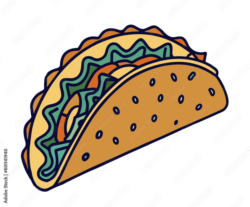 Colorful illustration of a traditional mexican taco filled with meat, lettuce, cheese, and tomatoes, capturing the vibrant essence of mexico's beloved street food Colorful illustration of a traditional mexican taco filled with meat, lettuce, cheese, and tomatoes, capturing the vibrant essence of mexico's beloved street food