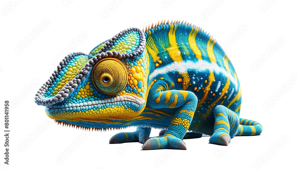Fototapeta premium Yellow blue lizard Panther chameleon isolated on white background 