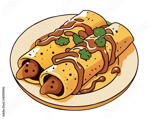 Illustration of mouth-watering mexican enchiladas topped with sauce and garnished with herbs