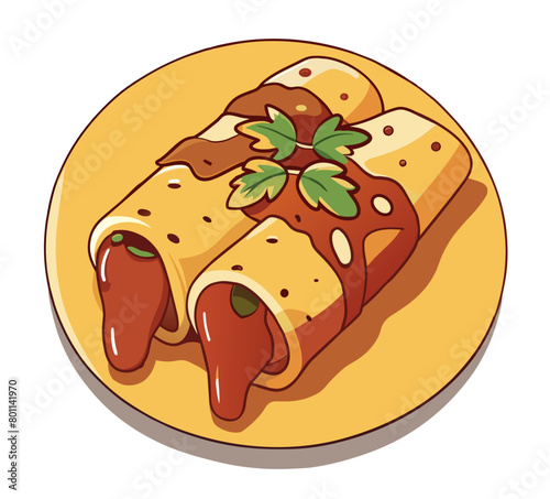 Illustration of delicious enchiladas topped with sauce and garnished with herbs, a classic mexican street food