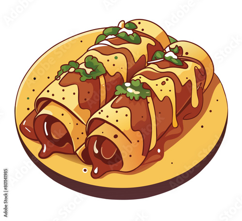 Illustration of delicious enchiladas topped with sauce and garnished with herbs, a classic mexican street food