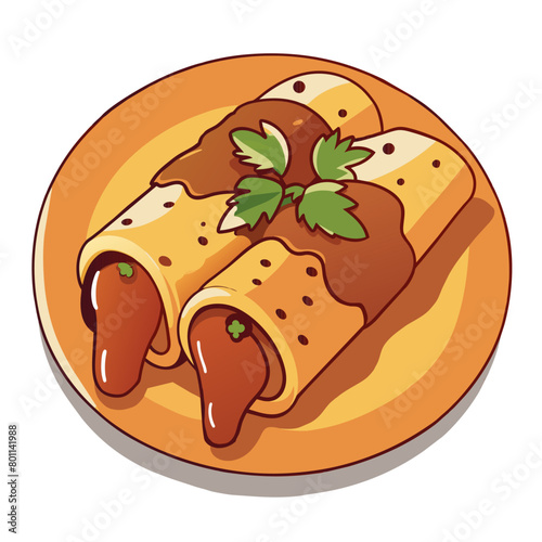 Illustration of mouth-watering mexican enchiladas topped with sauce and garnished with herbs