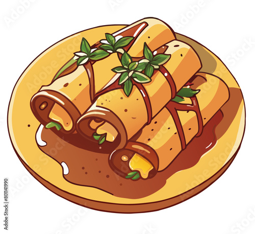 Traditional mexican enchiladas with sauce and herbs served on a warm plate