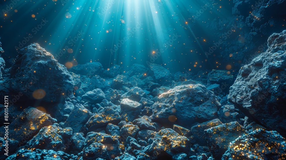   Underwater rocks with sunlight penetrating from above, illuminating their surfaces while the waters beneath remain shaded