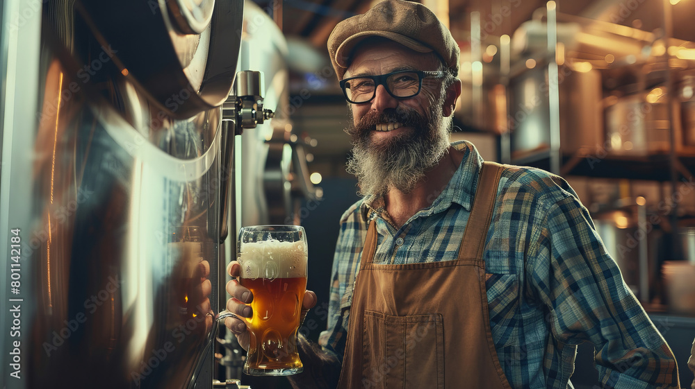 Smiling owner brewmaster in craft brewery with stainless fermentation tanks, beer industry. Smiling owner brewmaster in craft brewery with stainless fermentation tanks, beer industry.