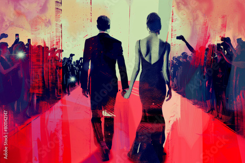 A stylized illustration of a celebrity couple walking on the red carpet, surrounded by paparazzi and fans. photo
