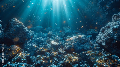   Underwater rocks with sunlight penetrating from above, illuminating their surfaces while the waters beneath remain shaded