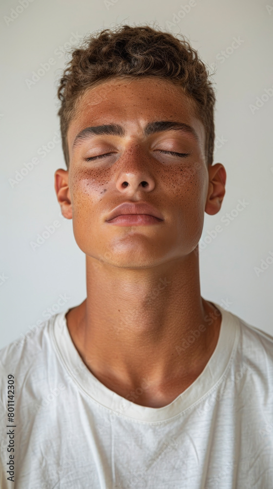 Young man with freckles, eyes closed, in white t-shirt against a neutral background, seemingly in a peaceful or meditative state. Young man with freckles, eyes closed, in white t-shirt against a neutral background, seemingly in a peaceful or meditative state.
