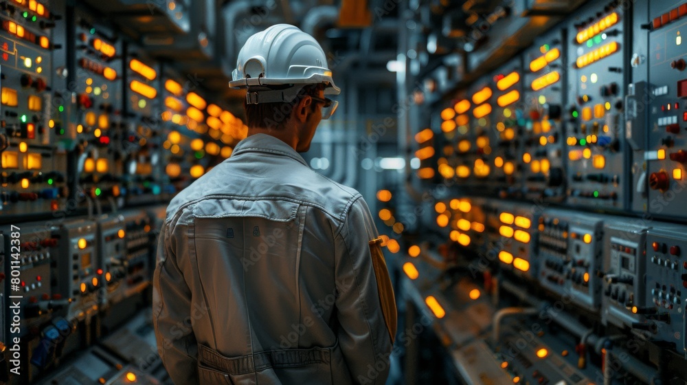 A man in a white helmet is standing in front of a row of computer monitors. He is wearing a grey jacket and he is working in a factory or industrial setting. Concept of technology and machinery