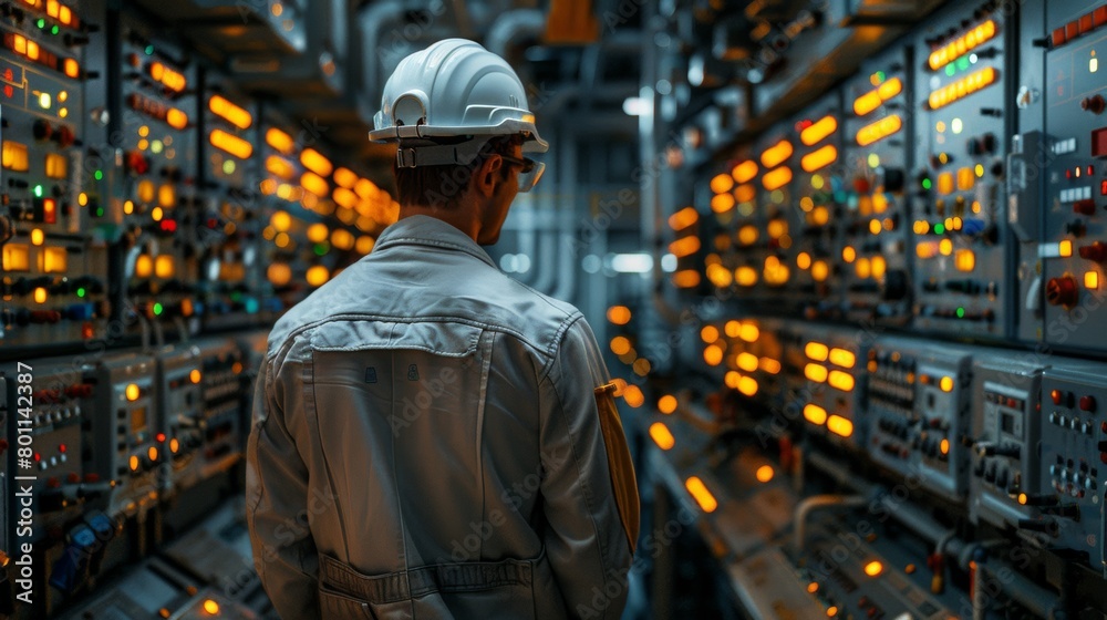 A man in a white helmet is standing in front of a row of computer monitors. He is wearing a grey jacket and he is working in a factory or industrial setting. Concept of technology and machinery A man in a white helmet is standing in front of a row of computer monitors. He is wearing a grey jacket and he is working in a factory or industrial setting. Concept of technology and machinery