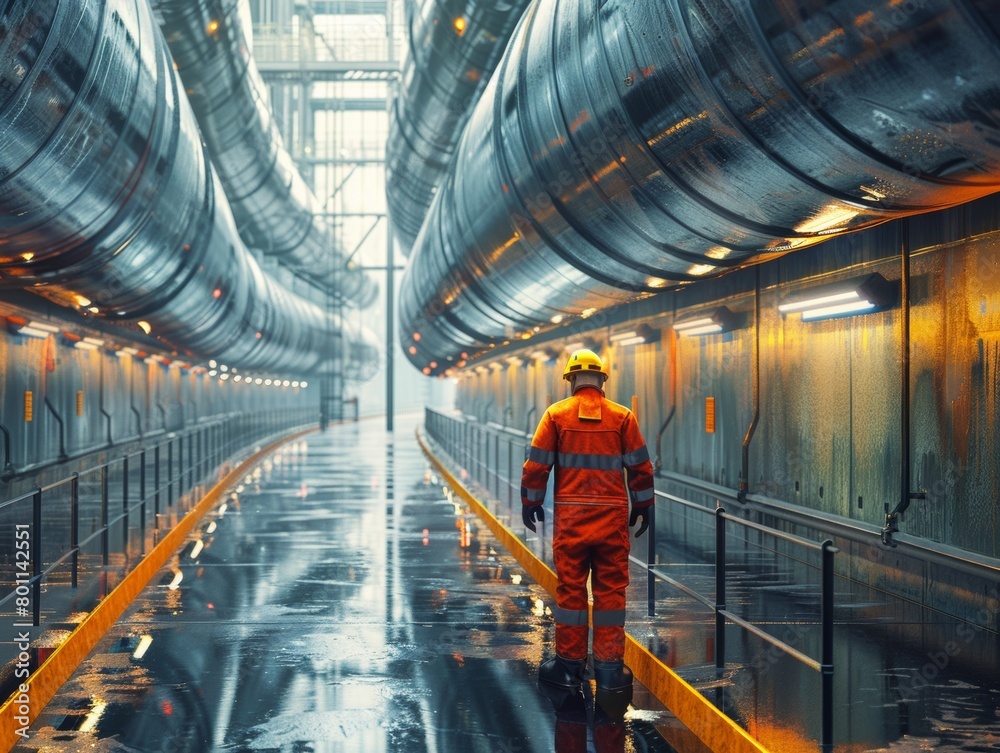 A man in an orange safety suit walks through a long, narrow tunnel. The tunnel is wet and the man is wearing a yellow helmet A man in an orange safety suit walks through a long, narrow tunnel. The tunnel is wet and the man is wearing a yellow helmet