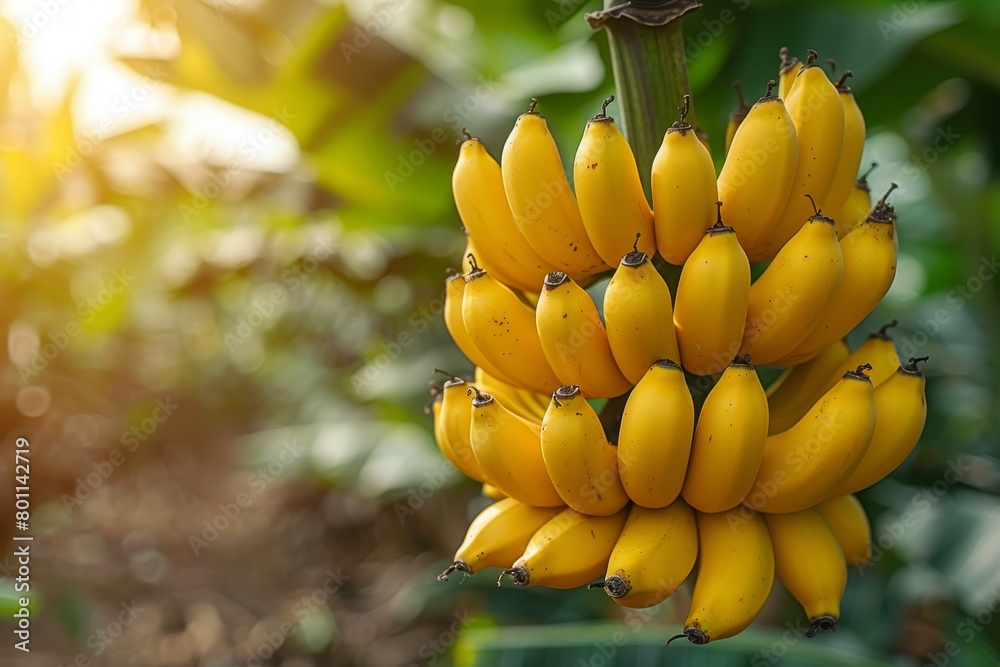 Naklejka premium Banana Tree with Fruit: Cluster of bananas hanging from the tree. 