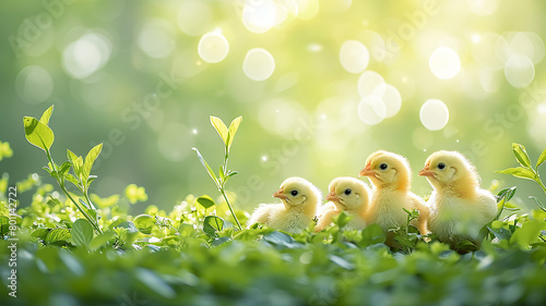Yellow chickens in spring green leaves of plants in sunlight close-up