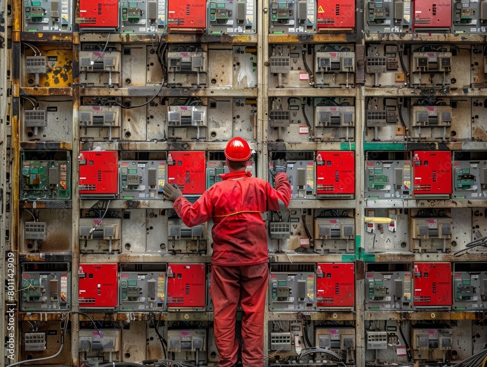 A man in a red jacket is working on a wall of red switches