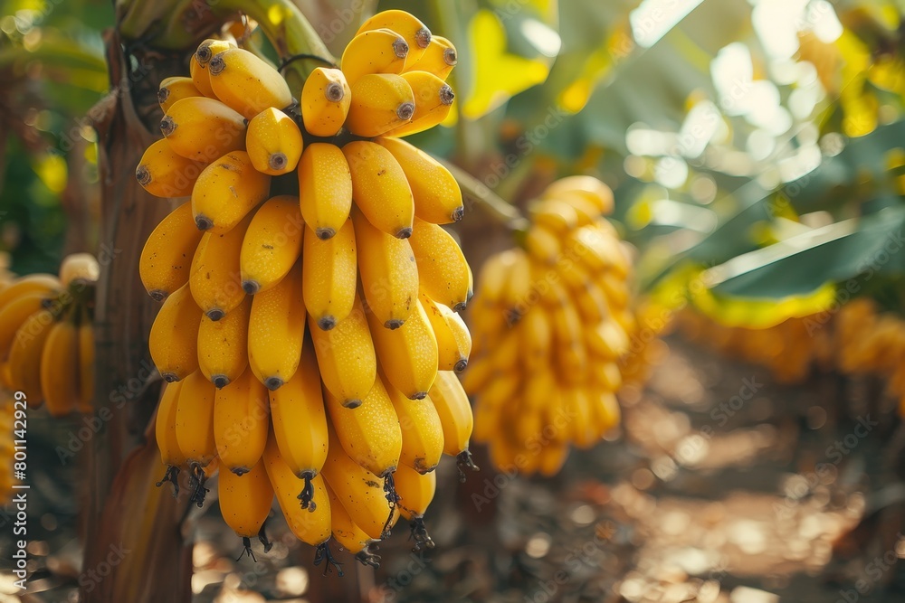 Naklejka premium Banana Tree with Fruit: Cluster of bananas hanging from the tree. 