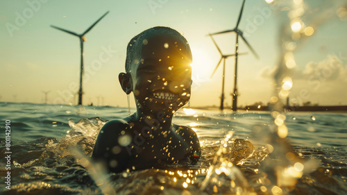 Eco green energy in Africa concept, interaction between people and technology. Joyful Child Splashing in Water with Wind Turbines at Sunset photo
