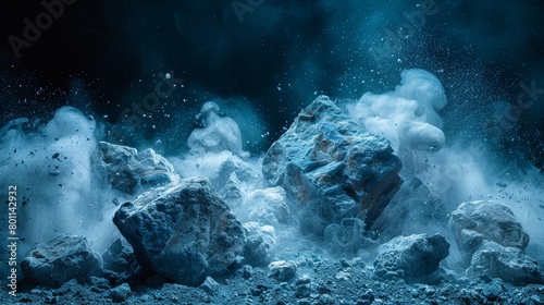  Rocks submerged in water with gushing water jets and heavy smoke emissions