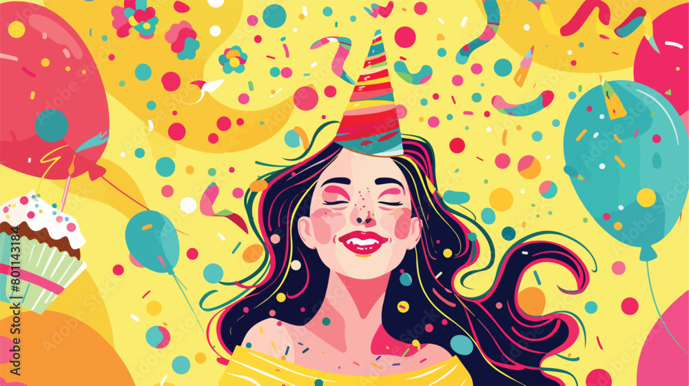 Happy woman with birthday cupcake on yellow background
