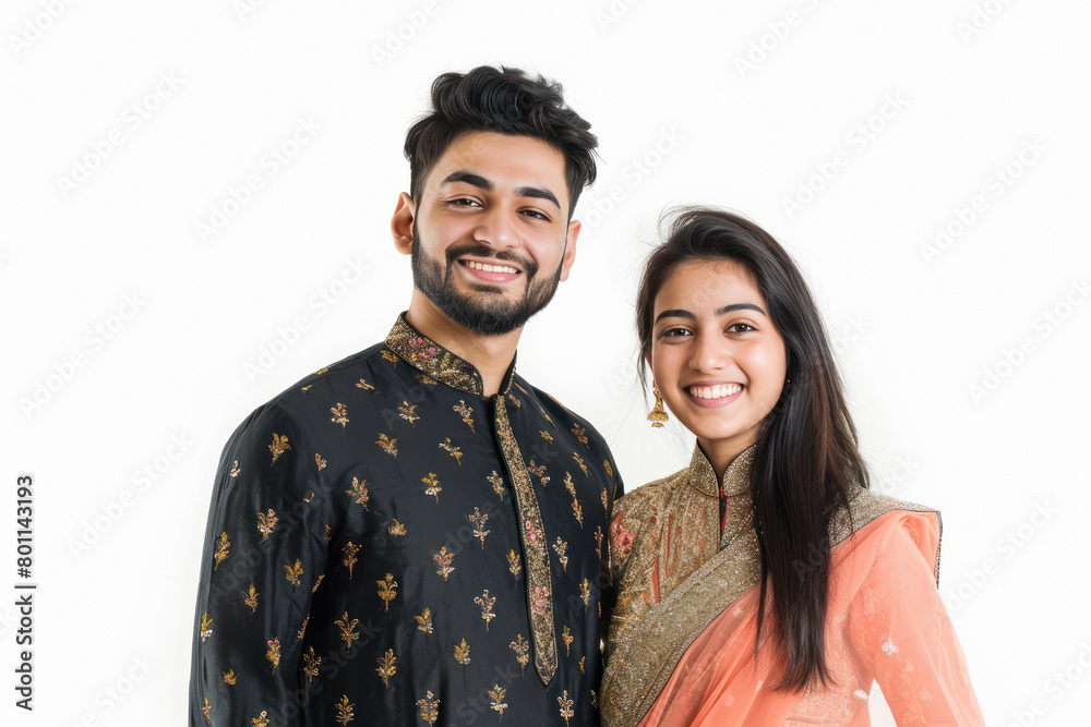 Young indian couple giving happy expression on white background Young indian couple giving happy expression on white background