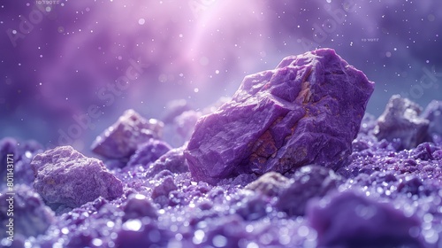  A purple rock atop a pile in a sky of violet and blue, dotted with bubble-filled clouds