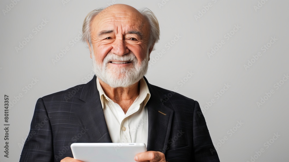 Mature businessman with tablet in suit, ceo executive looking away in professional pose Mature businessman with tablet in suit, ceo executive looking away in professional pose