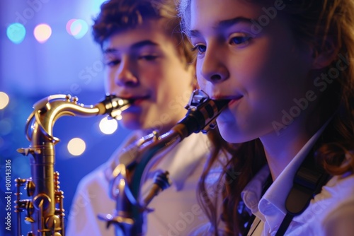 Teen Musicians Performing Saxophone on Stage