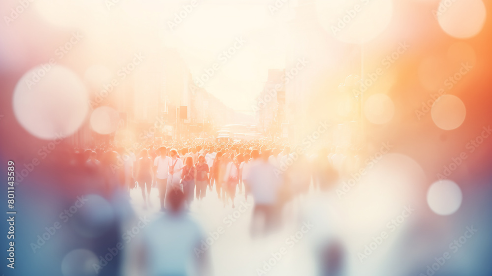 Fototapeta premium Crowds of different people walking down the street in bright sunlight, blurred background image