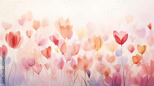 Spring flowers tulips in watercolor on a white background, festive greeting card #801143530