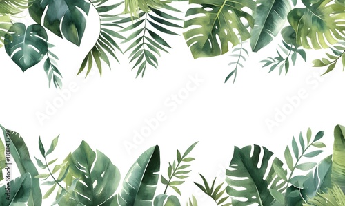 Watercolor banner tropical leaves and branches isolated  Generative AI 