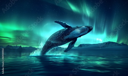 Humpback Whale Jumping Under Northern Lights in Arctic Waters photo