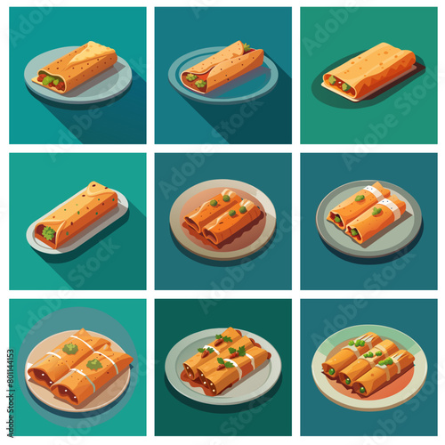Vibrant illustration set of a mexican enchilada, a popular street food, served on a plate