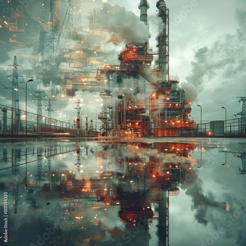 A blurry image of a large industrial plant with a lot of smoke coming out of it. The smoke is reflected in the water, creating a sense of depth and atmosphere. Scene is one of industrialization