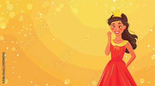 Happy young girl in prom dress holding tiara on yellow