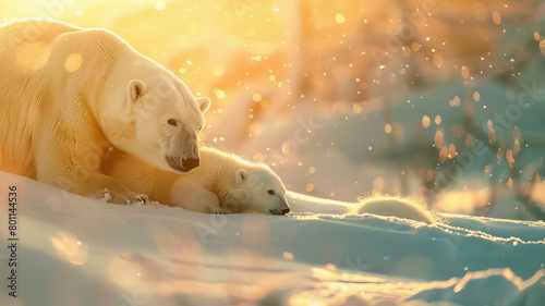 Arctic Serenity Mother Polar Bear with Cub at Sunset. Concept love between mom and children animals.