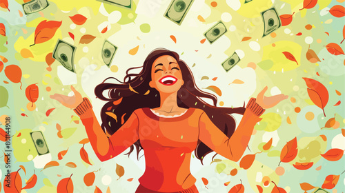 Happy young woman with money on light background vector