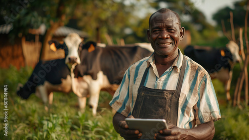Smiling African Farmer Senior elder man with computer Digital Tablet on background farm Cow. Concept of technology development in cattle breeding. © Adin