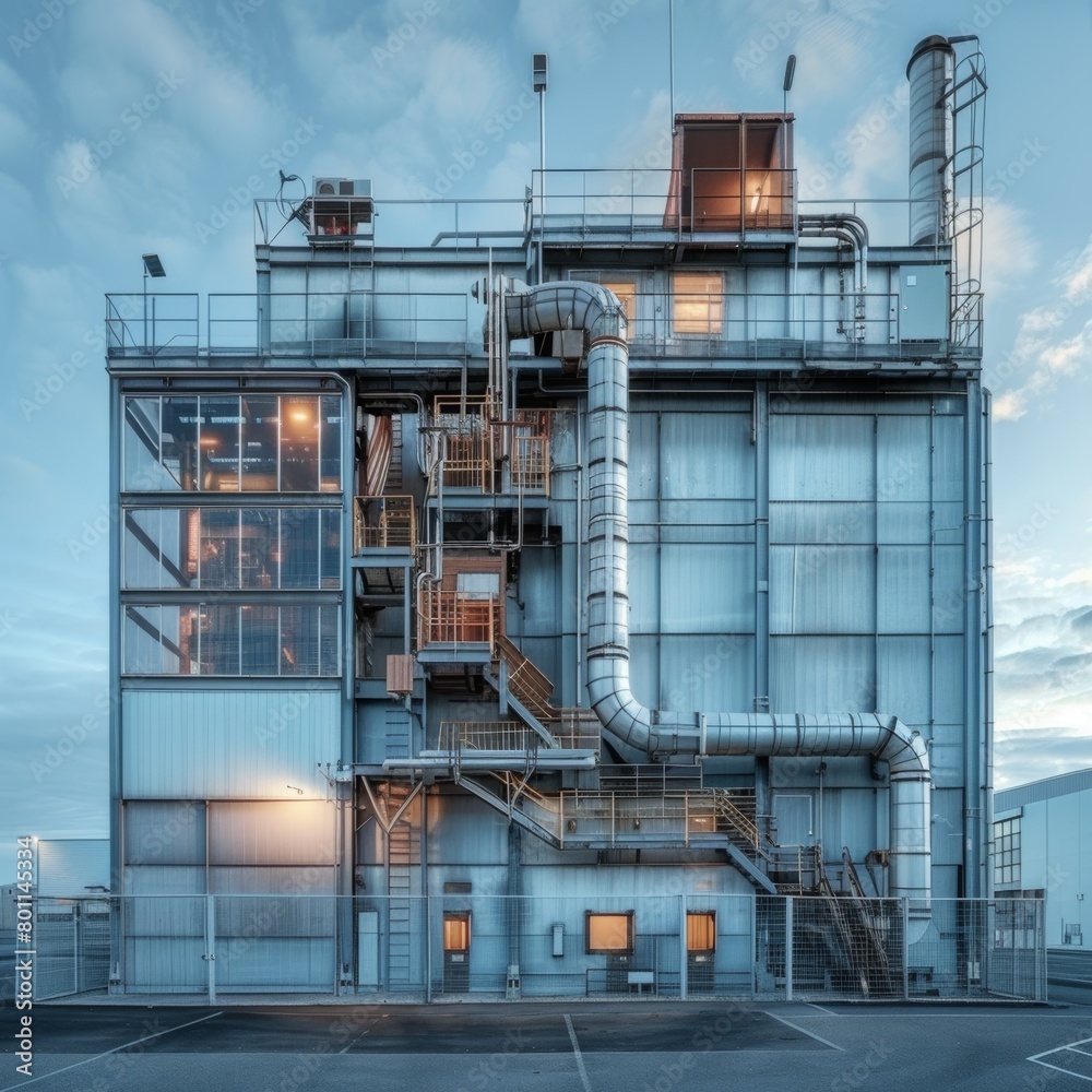 A large industrial building with a lot of windows and a lot of pipes