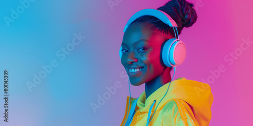 Portrait of happy modern young woman listening to music with headphones on neon colors background