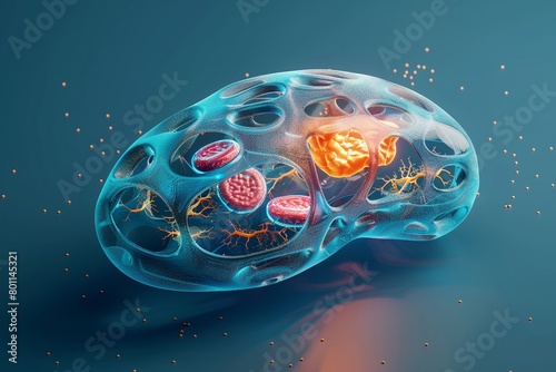 image of a cell crosssection highlighting organelles like mitochondria and nucleus in distinct colors  photo
