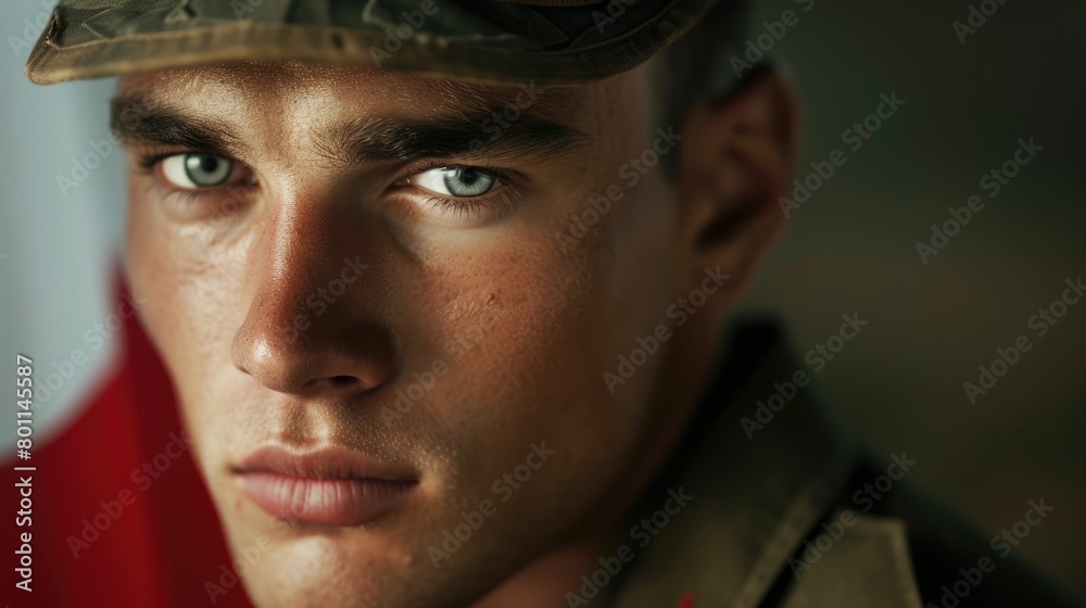 Obraz premium The close up picture of the soldier standing in the front of the national flag, the trained military officer require experience, combat skill, and also tactical skill to work in the army force. AIG43.