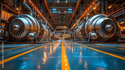 A large industrial building with two large jet engines in the middle. The building is lit up with bright lights, giving it a futuristic and industrial feel