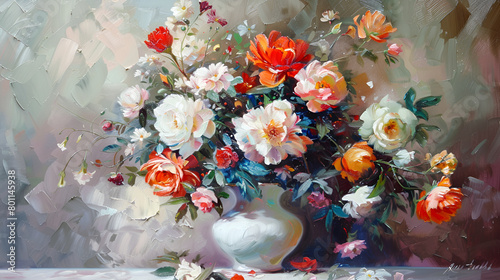 Colorful bouquet of flowers in a vase on the table, Bouquet of flowers in vase on the table Oil painting,Still life with a vase of flowers on the background of an old wall