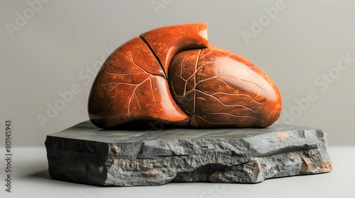 3D printed model of a human heart made of a red material and is sitting on a black rock.  photo