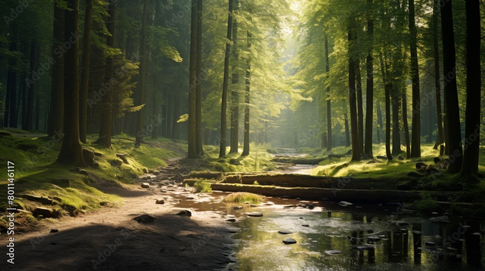 Obraz premium A tranquil forest scene with sunlight filtering through the trees,&nbsp;conveying the peace and serenity of nature.&nbsp;Concept of mindfulness and natural beauty