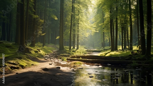 A tranquil forest scene with sunlight filtering through the trees   conveying the peace and serenity of nature.  Concept of mindfulness and natural beauty