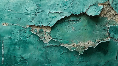 A tight shot of a deteriorating green wall with peeling paint and a conspicuous hole in its center